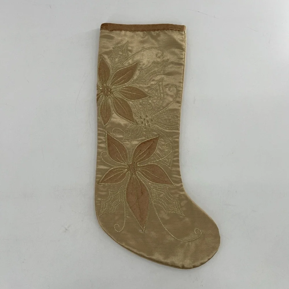 Santas Best Christmas Eve Stocking Gold Metallic Velvet Poinsettia Embroider 21
